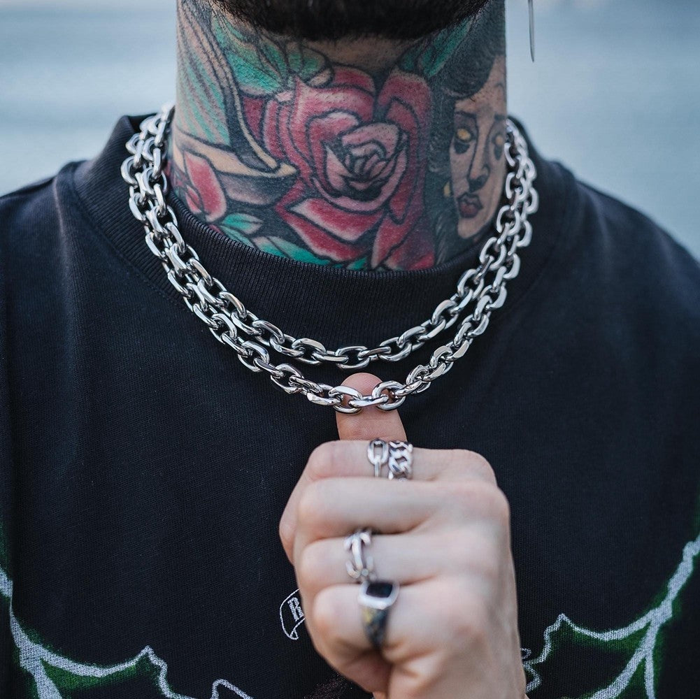Colar Corrente Elo Cabo Grosso Bizelado 8mm Aço Inoxidável Joia Grunge Punk Gótica Presente para Ele