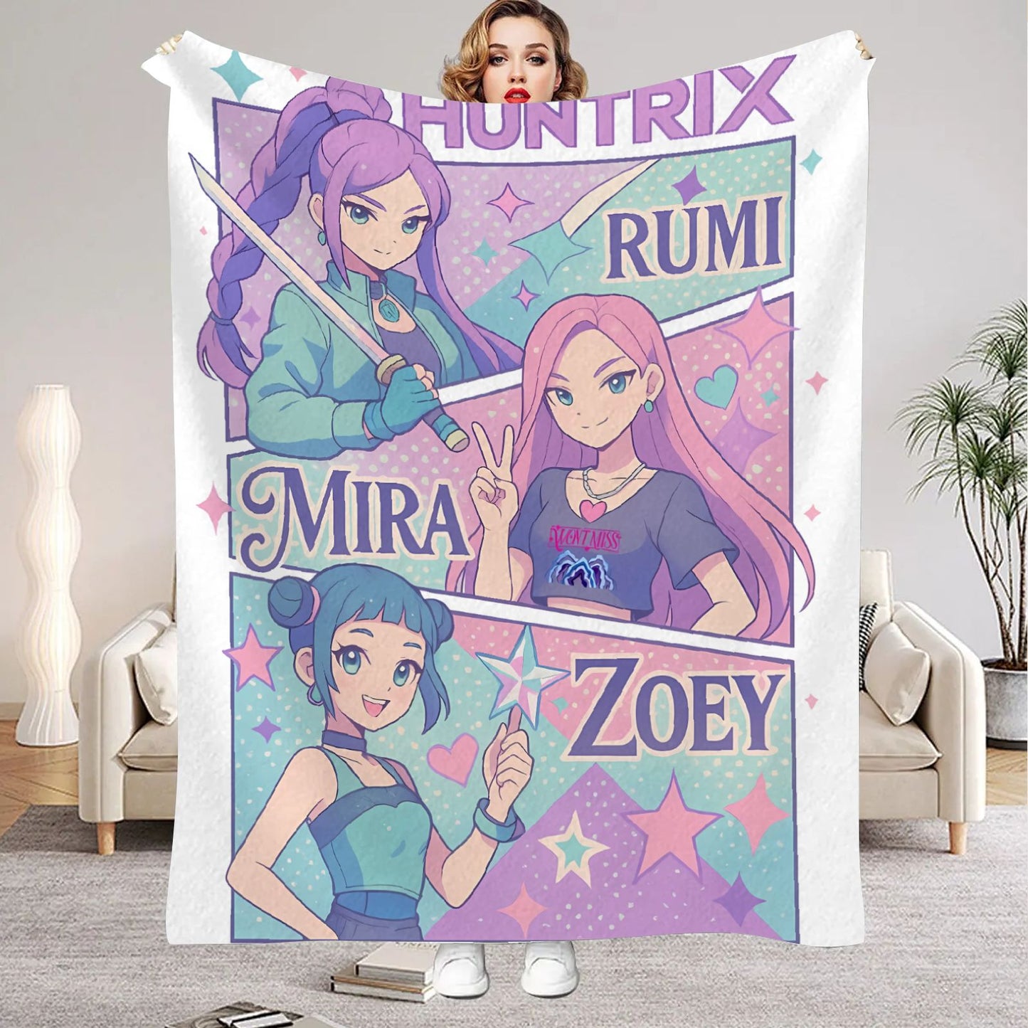 Huntrix Blankets K pop Demon Hunters Zoey Rumi Mira Soft Warm Throw Blanket Winter Kids Couch Bed Fluffy Bedspread