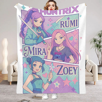 Huntrix Blankets K pop Demon Hunters Zoey Rumi Mira Soft Warm Throw Blanket Winter Kids Couch Bed Fluffy Bedspread