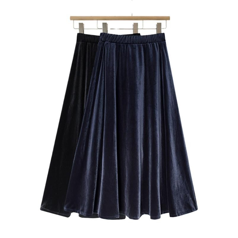 French Style Black Velvet Skirt For Women High Waist A-Line Velour Skirts Spring Autumn Simple High Street Long Skirts Plus Size