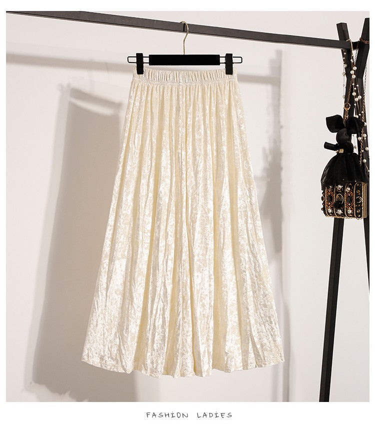 Autumn Winter Girls New A-line Velvet Skirt 2025 Plus Size Gold Velvet Half Pleated Skirt Solid Versatile High Waist Mid Skirt