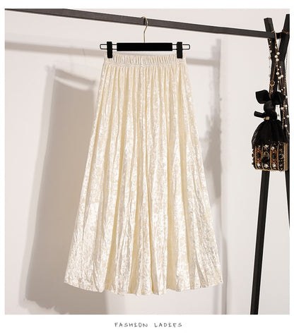 Autumn Winter Girls New A-line Velvet Skirt 2025 Plus Size Gold Velvet Half Pleated Skirt Solid Versatile High Waist Mid Skirt