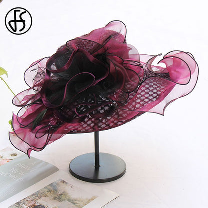 FS Mulheres Organza Vermelha Chapéus Casamento Fascinadores Elegante Grande Aba Larga Fedora Kentucky Derby Chapéus Festa Formal Igreja Chapéu Feminino