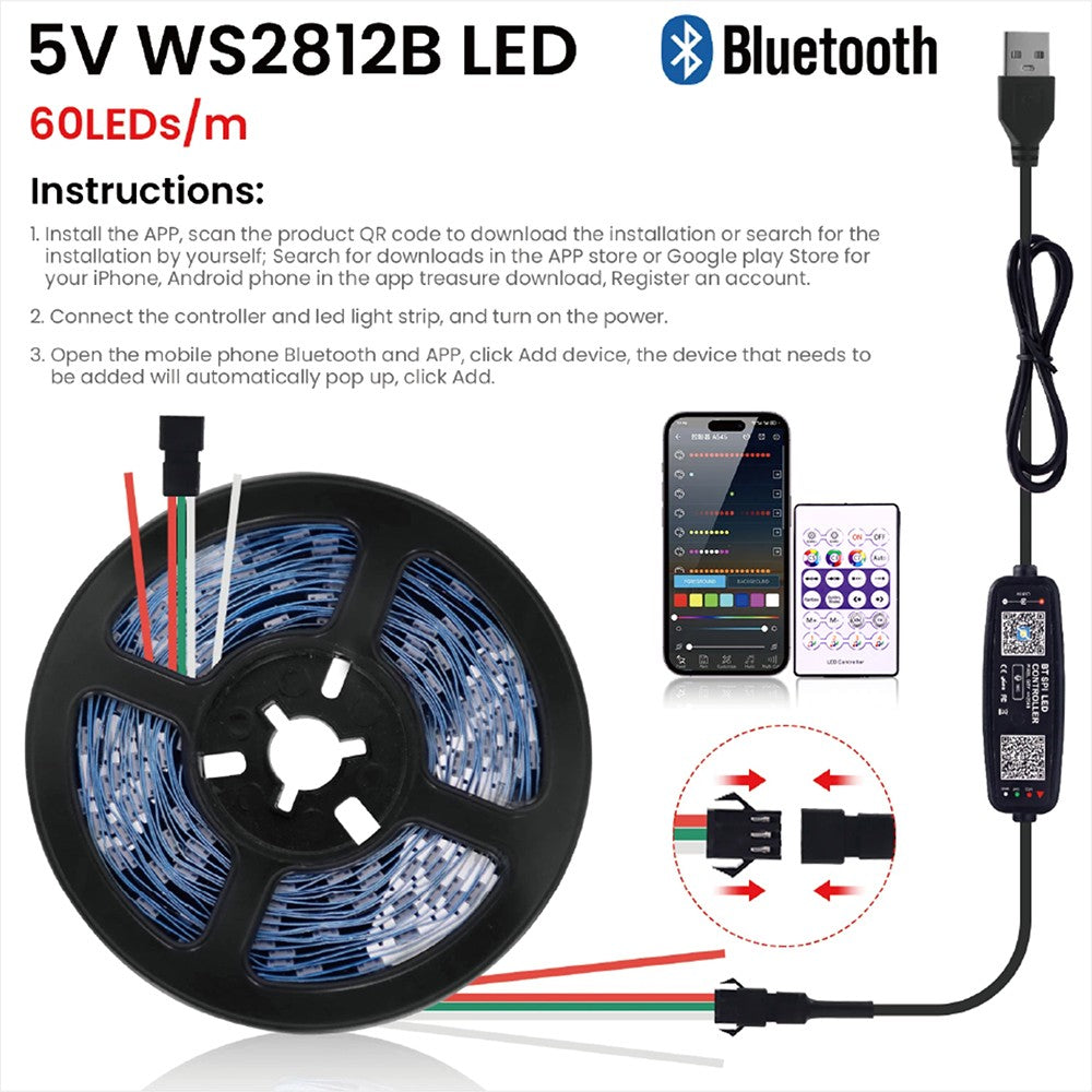 WS2812B LED Strip 5V 12V USB Bluetooth Music Controller Kit  Individually Addressable  RGB LED Strip 30/60/74/96/144Leds/m DC5V