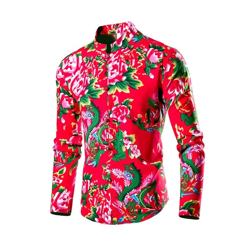 Chinese Style Men's Stand-up Collar Long-sleeved Shirt, Single-breasted Printed Shirts, Fashion Casual Camisas, Red Green Blue