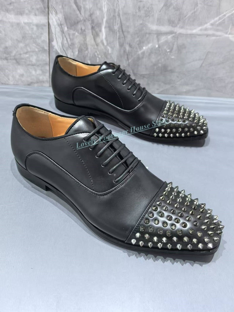 Sapatos Masculinos Loafer Bico Fino de Couro Legítimo Preto Moda Masculina Primavera Outono Cadarço Salto Quadrado Sapato com Rebite Único