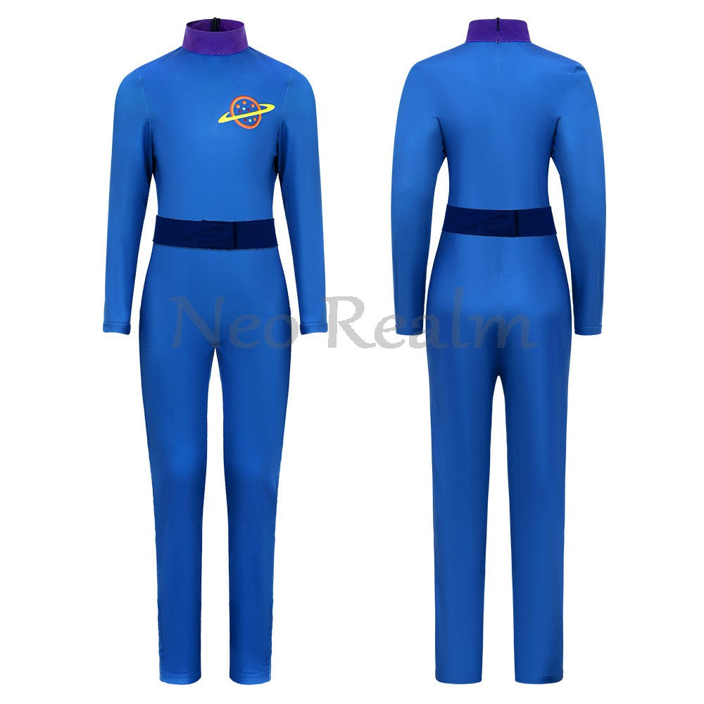 Anime Blue Three-Eyed Monster Cosplay Bodysuit with Planet Badges Halloween Stage Performance Outfit In Stock