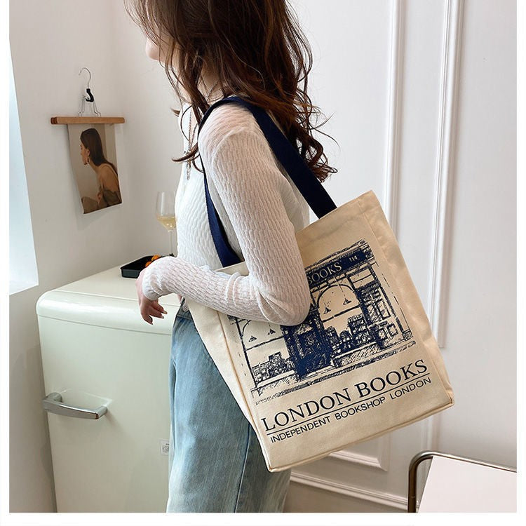 Canvas Women Handbags Shoulder Underarm Bag London Books Print Handbag Large Capacity Ladies Shopping Tote Bag Student Book Bags