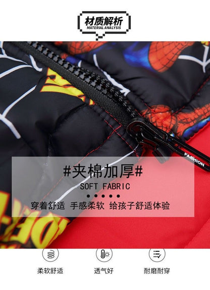 Anime Marvel Homem-Aranha fofo criativo desenho animado padrão inverno novo jaqueta acolchoada de algodão com capuz de comprimento médio reversível quente e espessa