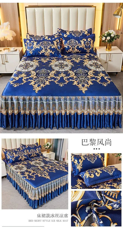 Kit 3 Peças de Lençol de Casal com Renda Clássica Azul Royal, Saia para Cama, Colcha de Casamento Lavável à Máquina, Capa de Colchão