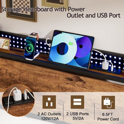 Cama Queen com Carregador e Luzes de LED, Cama Plataforma Queen Industrial com Cabeceira de Armazenamento, Porta USB