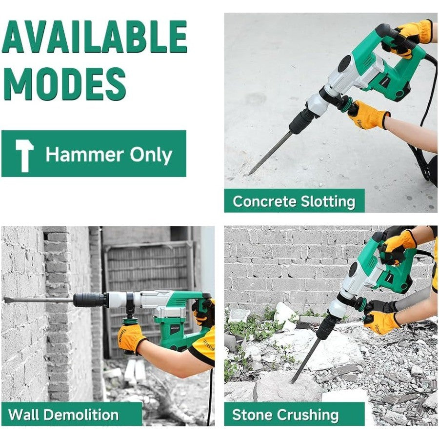Martelo Demolidor Elétrico 1500W para Serviço Pesado SDS-MAX Quebrador de Concreto com Talhadeira Chata para Construção e D