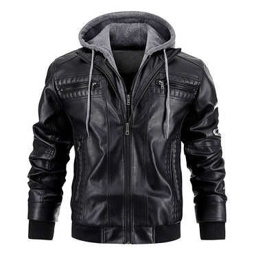 Men's PU Leather Jacket Hooded Motorcycle Slim Fit Casual Coats Men Autumn Winter Windproof Hat Detachable Biker Leather Outwear