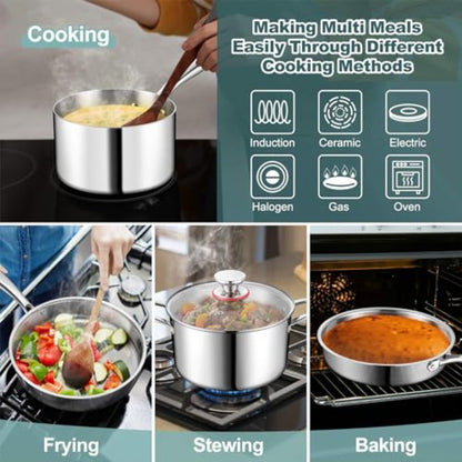 Conjunto de Panelas e Frigideiras de Aço Inoxidável 3 Camadas 10 Peças, Conjunto de Utensílios de Cozinha em Aço Inoxidável para Indução, Conjunto de Cozinha Não Tóxico