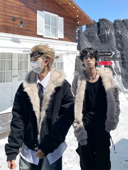 High Street Trendy Y2K Streetwear Parkas Punk Harajuku Retro Fur Collar Bomber Jacket Men Hip-hop Loose Casual Warm Coat Women