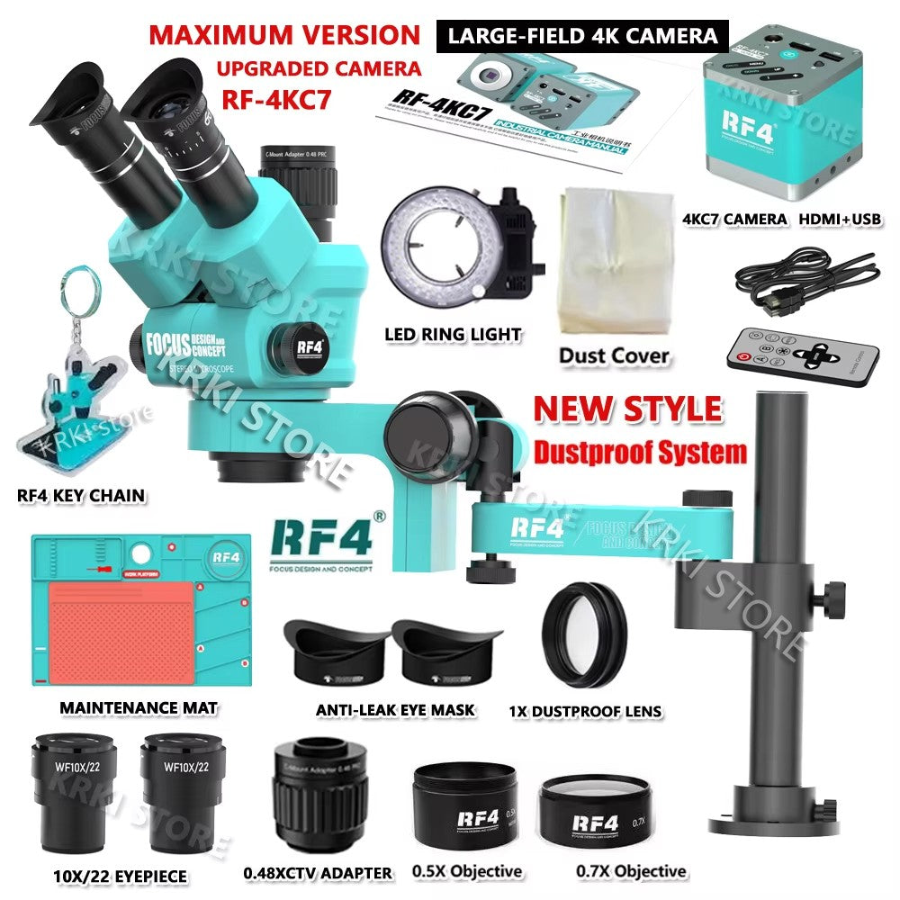RF4 Microscópio Trinocular Estéreo Rotação 360° com Braço Articulado Suporte de Campo Amplo Câmera HDMI 4K Reparo de Solda de Placa PCB de Celular
