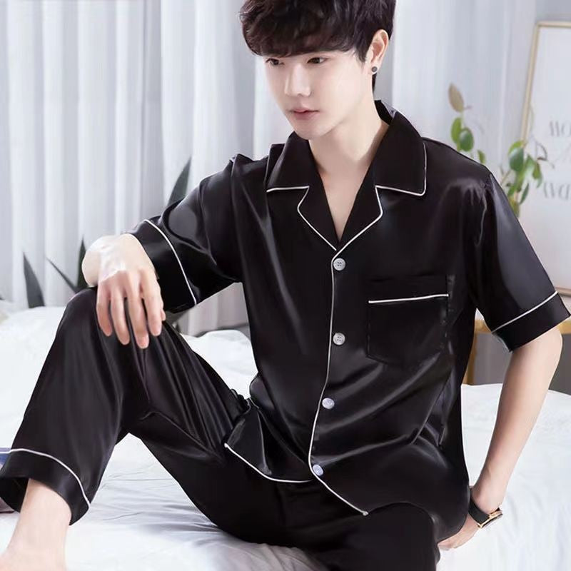 New Ice Silk Pajamas, Men's Summer Short-Sleeved Trousers, Thin High-End Simulated Silk Plus-Size Loose Loungewear Two-Piece Set