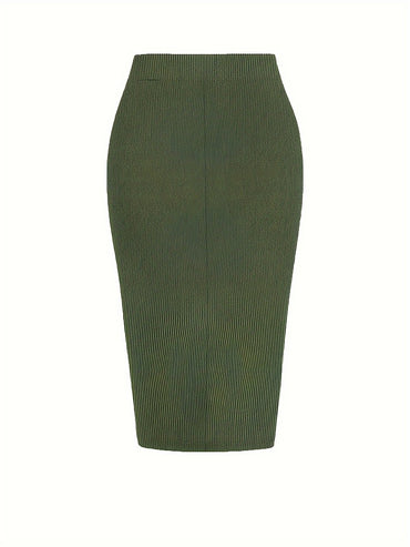 Plus Size 2024 Spring/Summer New  Solid Ruched Drawstring Split Skirt, Casual Bodycon Stretchy Skirt For Spring & Summer, Women