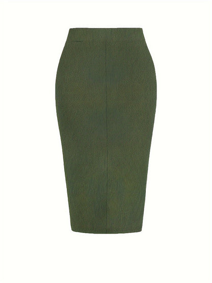 Plus Size 2024 Spring/Summer New  Solid Ruched Drawstring Split Skirt, Casual Bodycon Stretchy Skirt For Spring & Summer, Women