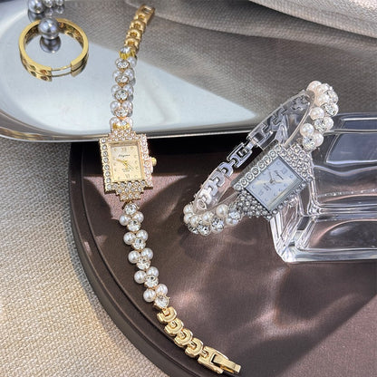 French Romantic Double-Row Exquisite Small Pearl Bracelet Watch Square Diamond-Encrusted Light Luxury Ladies Quartz Watch
