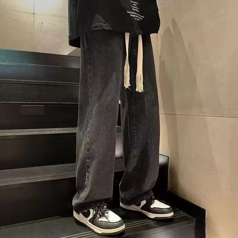 Dragging Streetwear Loose Jeans Men Korean Style Fashion Loose Straight Wide Leg Pant Men's Brand Clothing Black Light Blue Grey