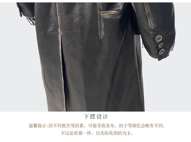 Nerazzurri Spring Autumn Cool Long Waterproof Distressed Black Pu Leather Trench Coat Men Belt Pockets Luxury Designer Clothes