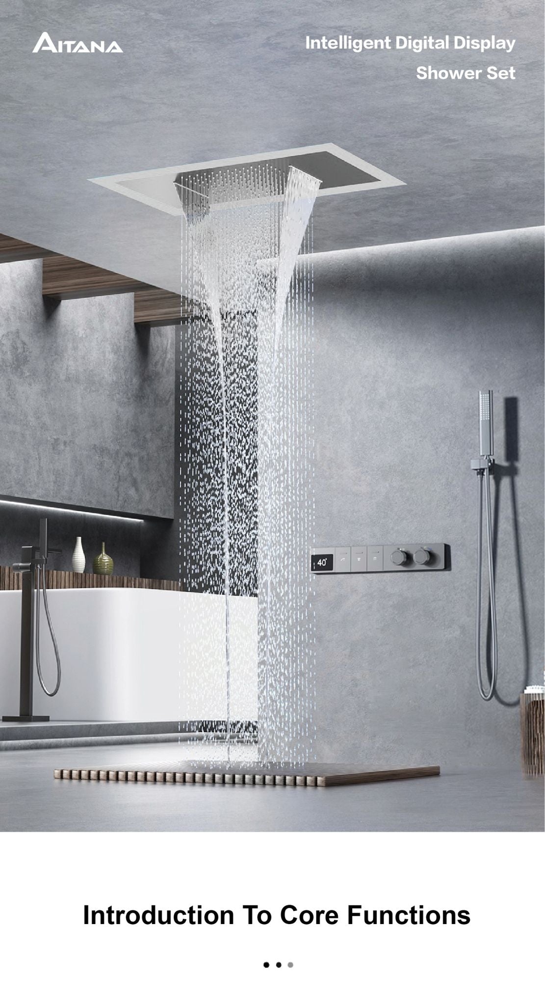 Sistema de chuveiro de teto luxuoso em latão cinza escuro com temperatura constante e display digital LED de água quente e fria, torneira de banheiro embutida