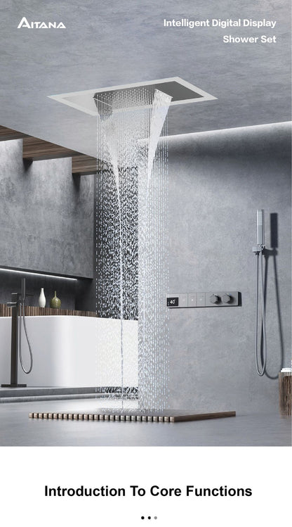 Sistema de chuveiro de teto luxuoso em latão cinza escuro com temperatura constante e display digital LED de água quente e fria, torneira de banheiro embutida