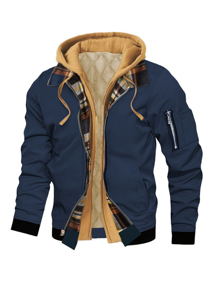 Jaqueta masculina de moletom com capuz outono inverno casual cor sólida falsa de duas peças com zíper e manga comprida quente