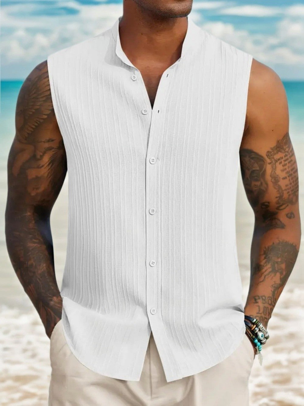 2025 New Summer Casual Fashion Henley Neck Sleeveless Shirt for European Men - Casual Beach Shirt for Leisure Use