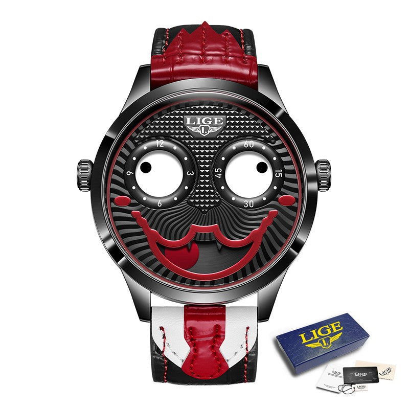 LIGE 2025 Creative Watches For Men Clown Fashion Quartz Wristwatches Waterproof Leather Strap Mens Watch Cool Joker Reloj Hombre