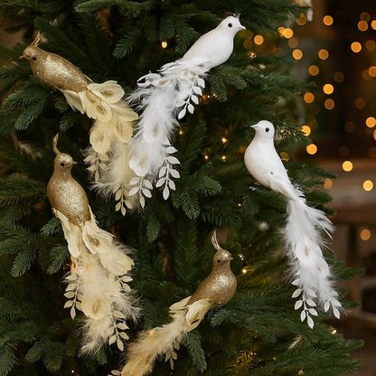Long Tail Christmas Peacock Ornaments Realistic Glimmering Feather Peacock Bird Figurine Handmade with Clip Christmas Tree Decor