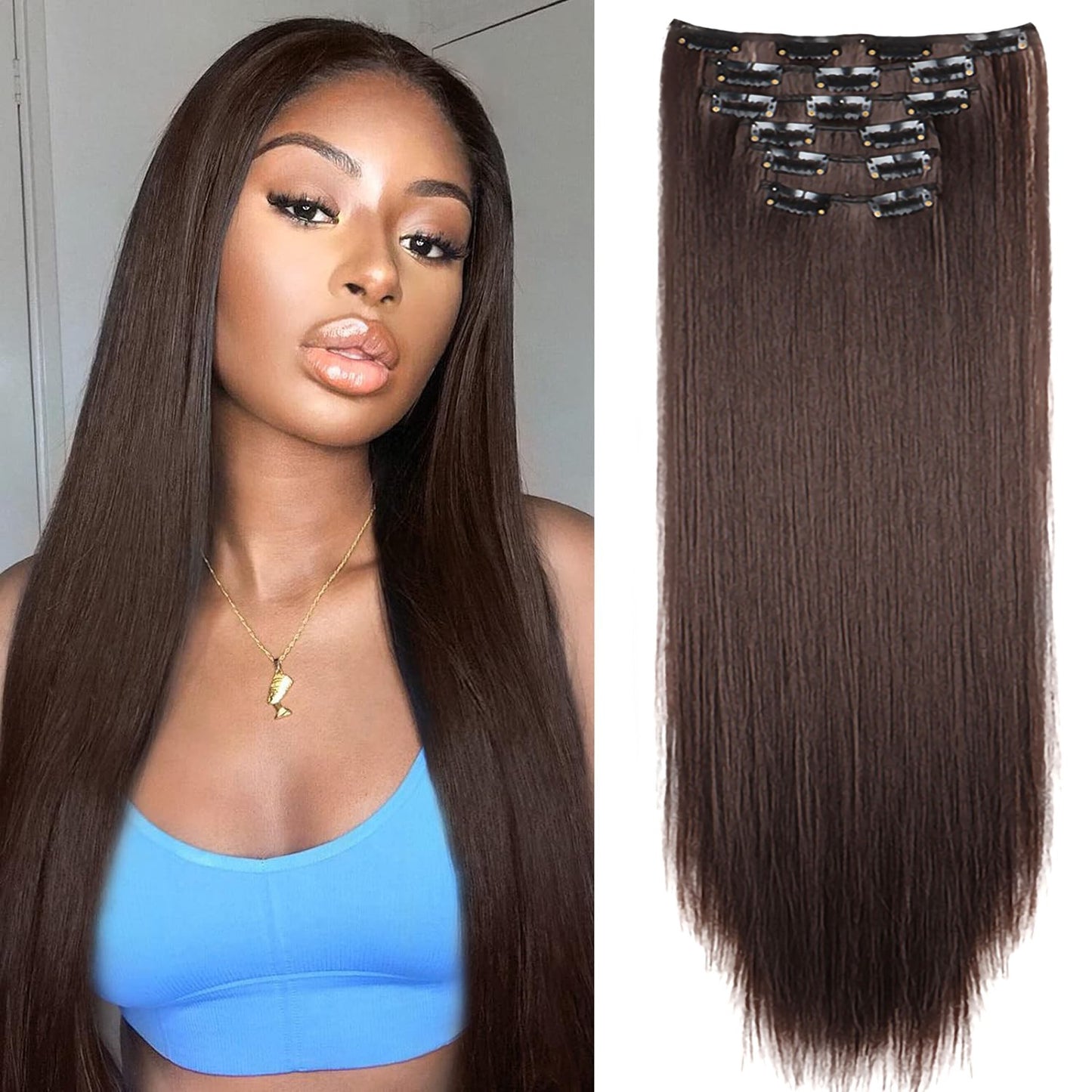 Apliques de Cabelo Natural de 24 Polegadas Cabelo Sintético para Mulheres Kit de Fios de Cabelo 16 Tic-Tacs em 6 Peças Apliques Mechas de Cabelo