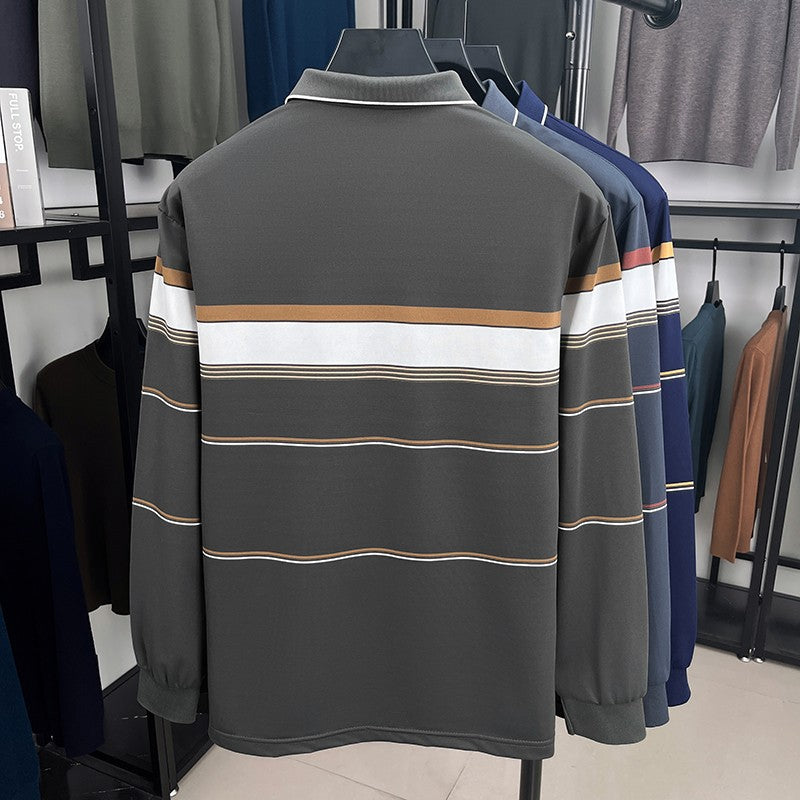 High quality stripe men's long sleeve polo shirt fashion luxury pocket middle-aged business casual color blocked comfort T-shirt
