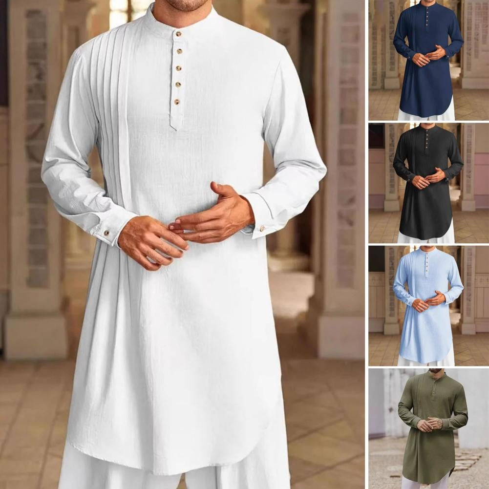 Men's Cotton Linen Kaftan Robe – Long Sleeve Button-Up Thobe for Prayer, Casual & Arabic Style | Breathable & Comfortable
