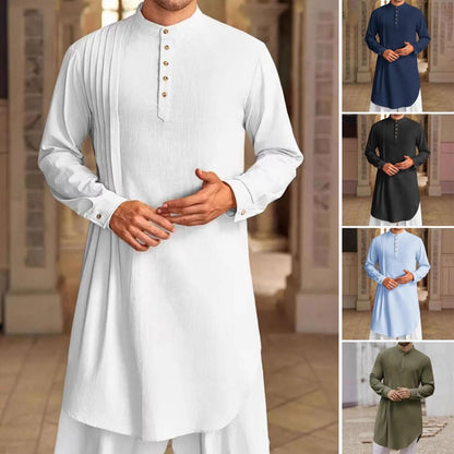 Men's Cotton Linen Kaftan Robe – Long Sleeve Button-Up Thobe for Prayer, Casual & Arabic Style | Breathable & Comfortable