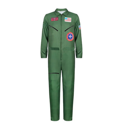 Men's Stylish Pilot Costume Air Force Pattern Jumpsuit Green Fighter Jet Outfit Halloween Costume Adult Masquerade Ball Carnival