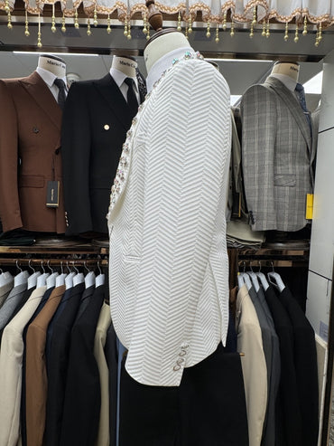 Jacquard Men's Luxurious Crystal Suits 3 Pieces Wedding Groom Sets,White Shawl Lapel Man Tuxedo For Party,Elegant Dancing Set