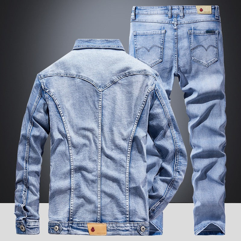 Sets Blue Jean Jackets Men's Fashion Multi Pockets Loose Casual Cotton Vintage Street Cowboy Coats Brand Clothes Denim Pants Men