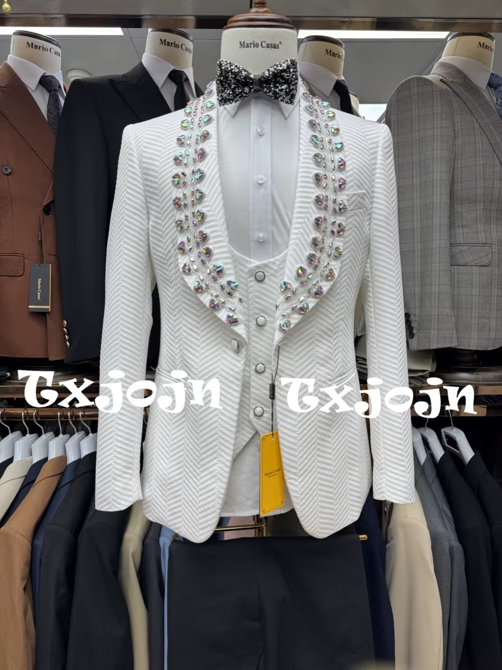 Jacquard Men's Luxurious Crystal Suits 3 Pieces Wedding Groom Sets,White Shawl Lapel Man Tuxedo For Party,Elegant Dancing Set