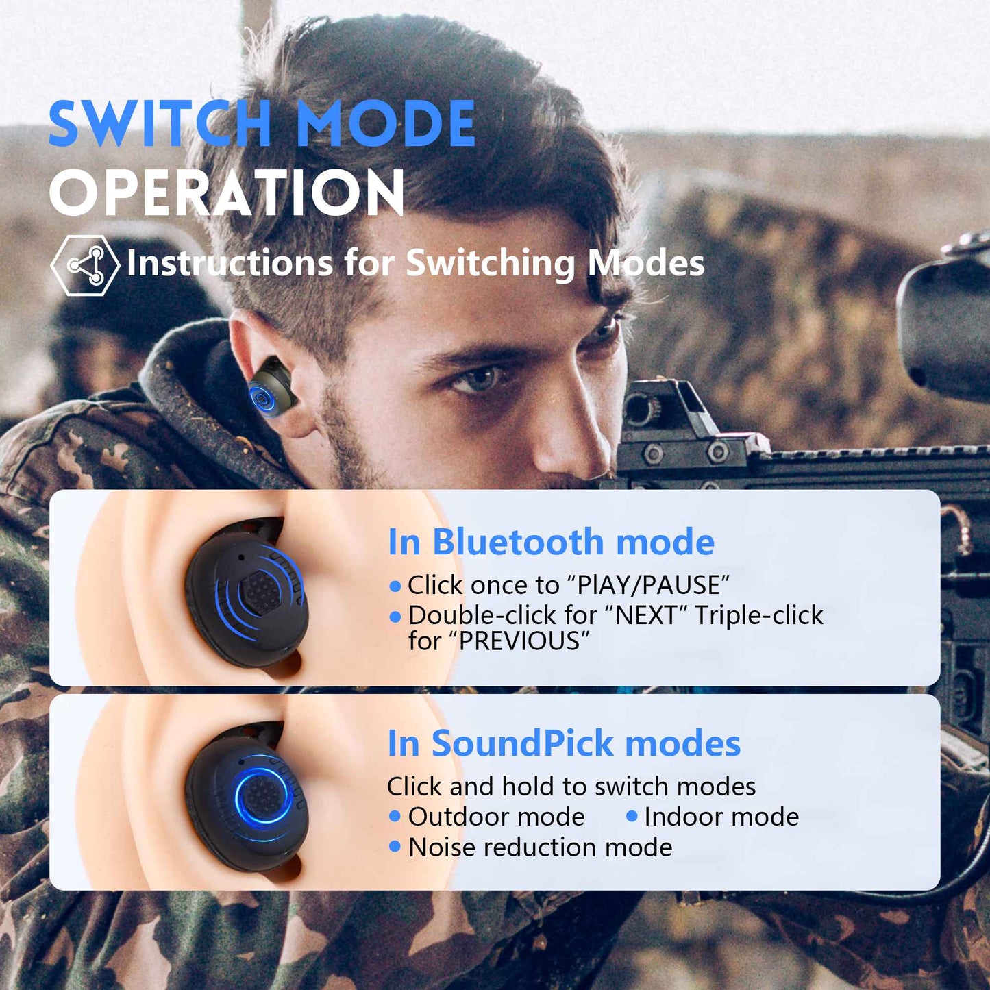 ARM NEXT E30 fone de ouvido tático plugues de ouvido anti-ruído eletrônicos com cancelamento de ruído para proteção de tiro NRR27dB com Bluetooth