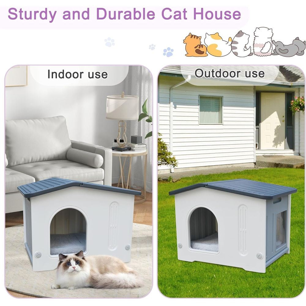 Abrigo para Gatos Cinza à Prova D'Água para Exteriores com Saída de Emergência para Gatos de Rua e Domésticos, Fácil de Montar