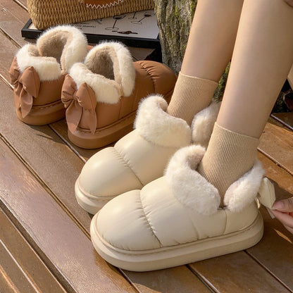 Cute Warm Ankle Boots Winter Women's Bow Warmth Plush Bow Cotton Shoes 2025 New Waterproof Down Cloth Short Barrel Snow Boots