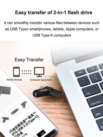 Pen Drive SanDisk 2 EM 1 Ultra Dual Drive GO USB 3.2 Tipo-C 64GB 128GB 256GB 512GB U Disk Velocidade de Até 400MB/s
