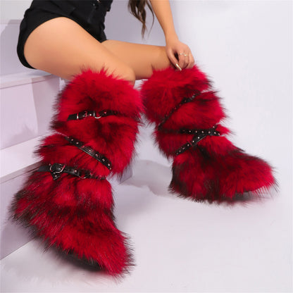 Winter Faux Fur Knee High Boots for Women - Comfy Plush Pull-On, Belt-Embellished Round Toe, Must-Have Trendy Pick for Party
