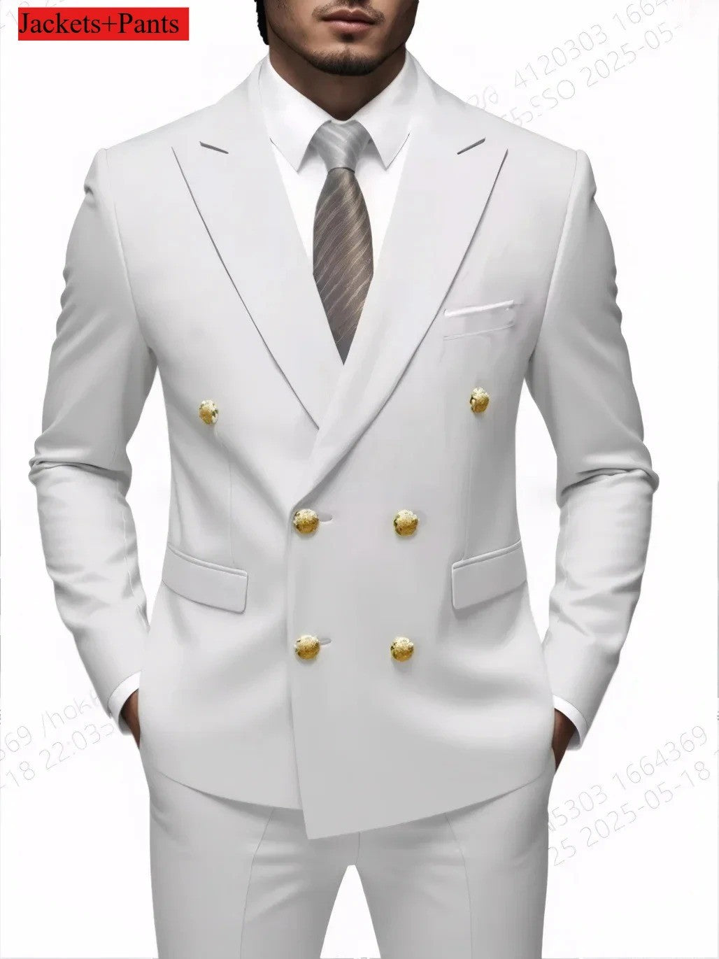 Double Breasted Light Gray Suit Men Wedding Prom Party Business Groom Tuxedo Wedding Suit (Blazer+Pant)