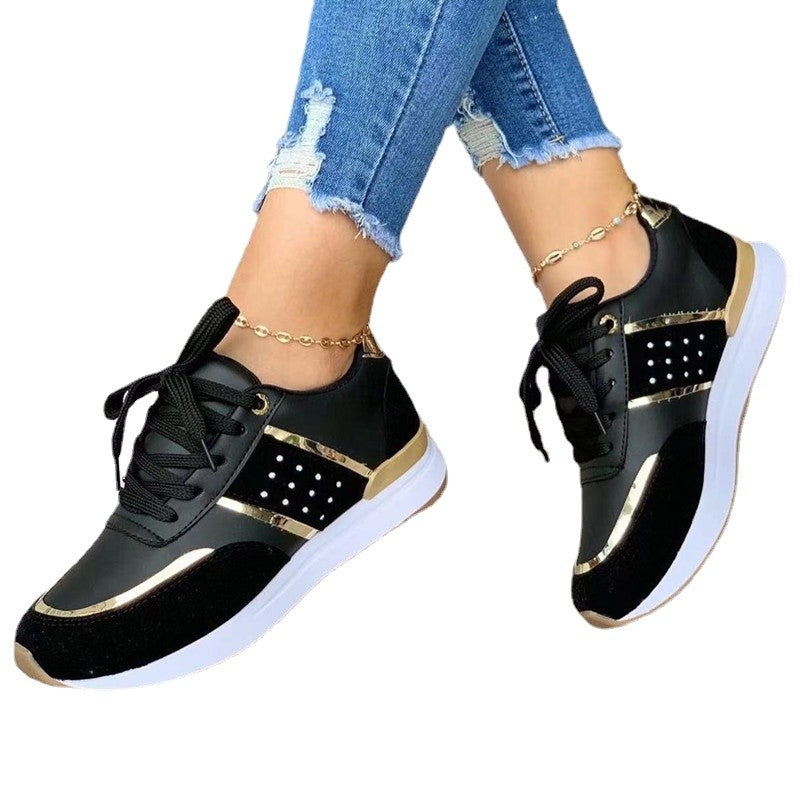 Tênis Feminino Plataforma Patchwork Couro Casual Esportivo Sapatilhas para Mulher