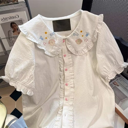 Japanese Kawaii Cute Lolita Blouses Women Vintage Sweet Schoolgirl Lace Peter Pan Collar Shirts Spring Embroidery Y2k Tops Mujer