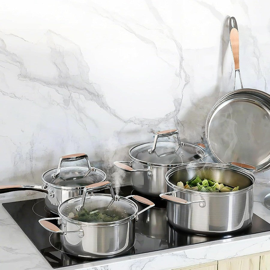 Conjunto de Panelas de Aço Inoxidável 5 Camadas com 10 Peças Incluindo Frigideira, Panela e Caçarolas para Indução e Todos os Fogões, Não-Aderente