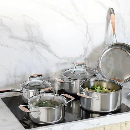 Conjunto de Panelas de Aço Inoxidável 5 Camadas com 10 Peças Incluindo Frigideira, Panela e Caçarolas para Indução e Todos os Fogões, Não-Aderente